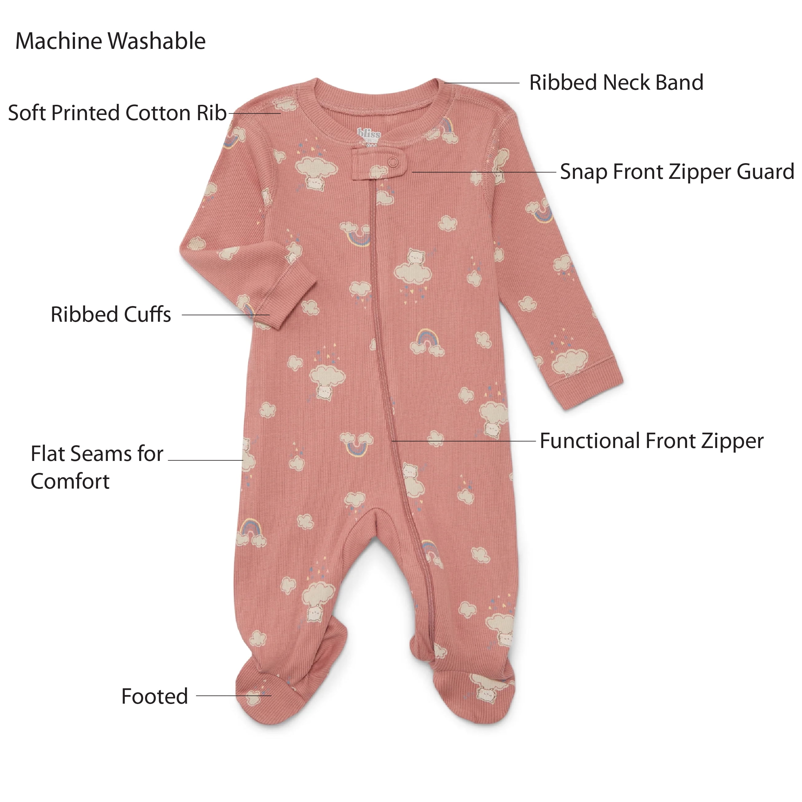 Bliss by Garanimals Baby Boys or Girls Cotton Layette One Piece Footed Sleeper Pajamas, Sizes Newborn-9 Months