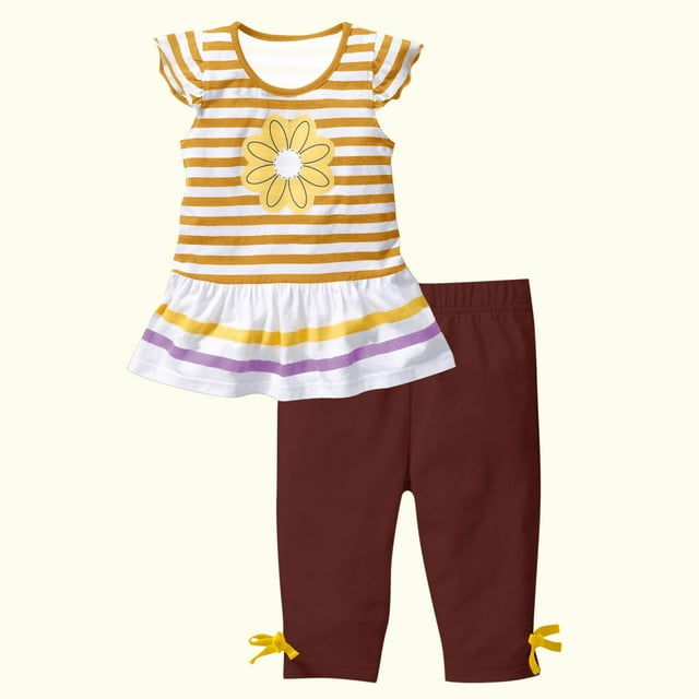 Zpanxa Girls Summer Shirts Daisy Print Flutter Sleeve Round Neck Top with Shorts Set Polyester Spandex 4 Years