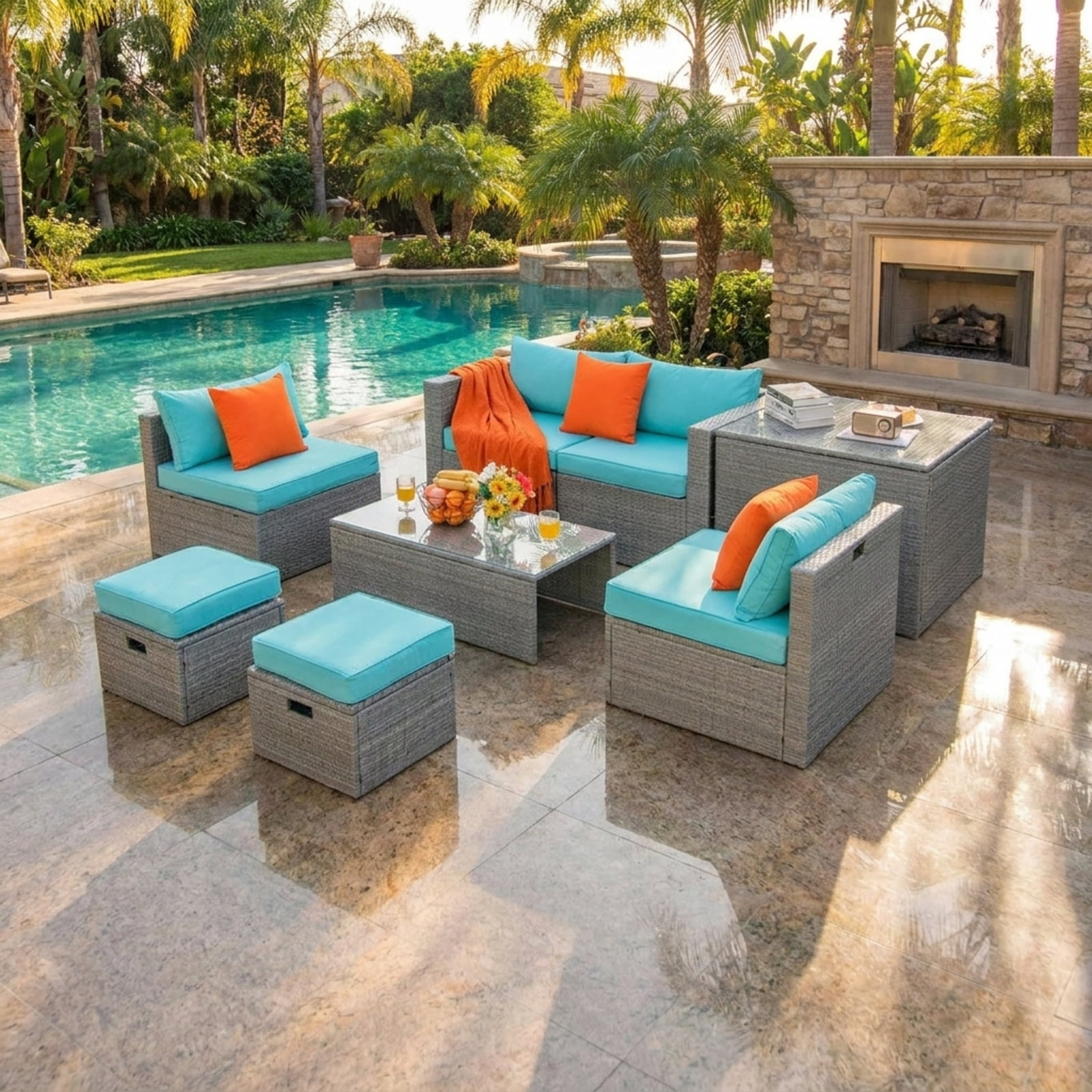 Furnibear 8 Piece Patio Rattan Furniture Set Outdoor Wicker Sectional Conversation Set with Storage Cover Cushions and Glass Table, Turquoise