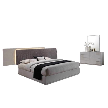 3 Piece Modern Bedroom Furniture Set, California King LED Bed, Dresser and Mirror, Lacquer Finish, Silver/Gray