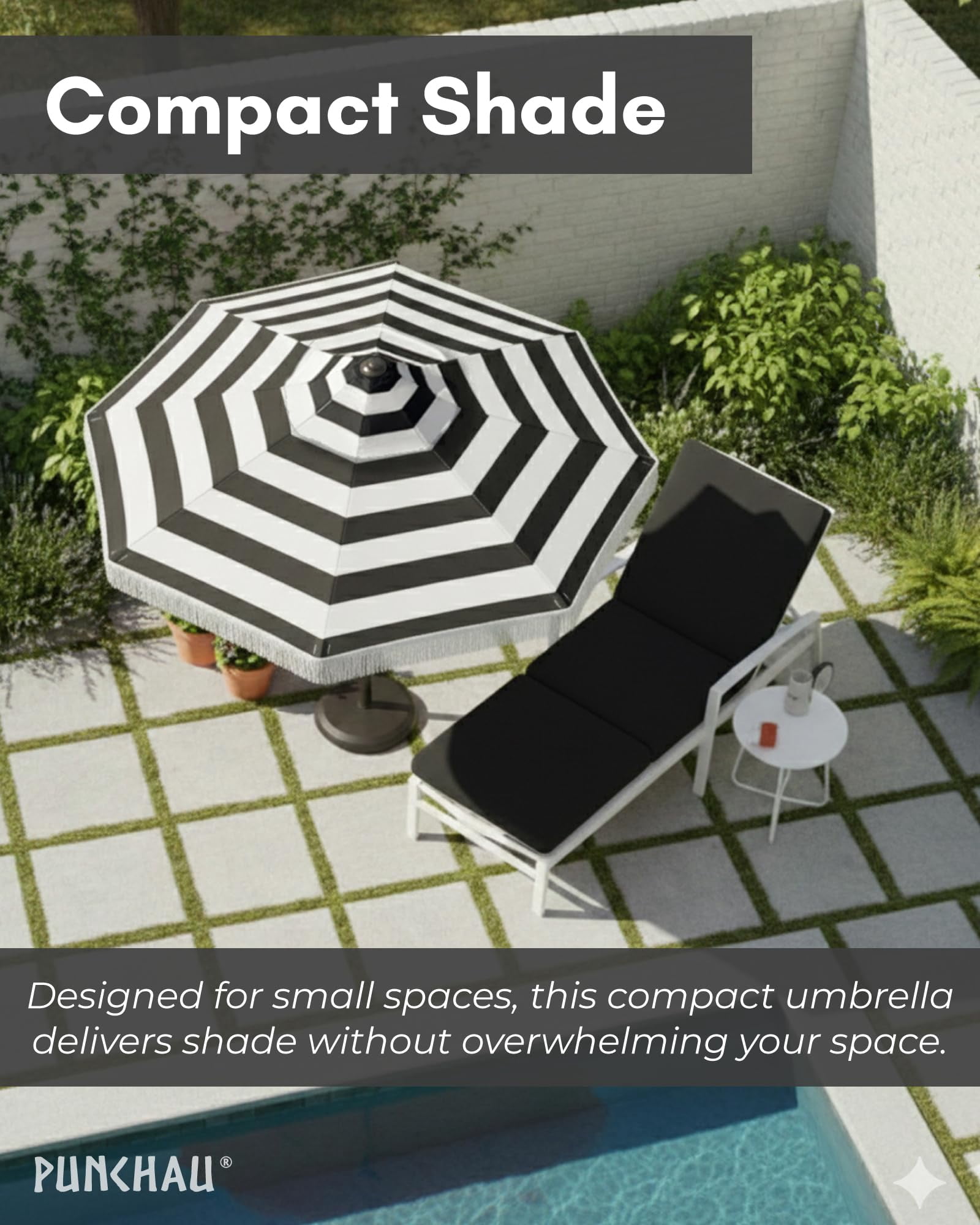 Punchau 6 Ft Black Fringe Patio Umbrella - Outdoor Umbrella for Patio, Pool, Table, Garden, & Deck, Push Button Tilt Pole - Fashionable Vintage Tassels - Striped Fringe