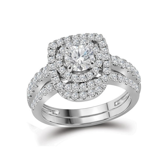 14kt White Gold Womens Round Diamond Certified Double Halo Bridal Wedding Engagement Ring Band Set 1-3/4 Cttw