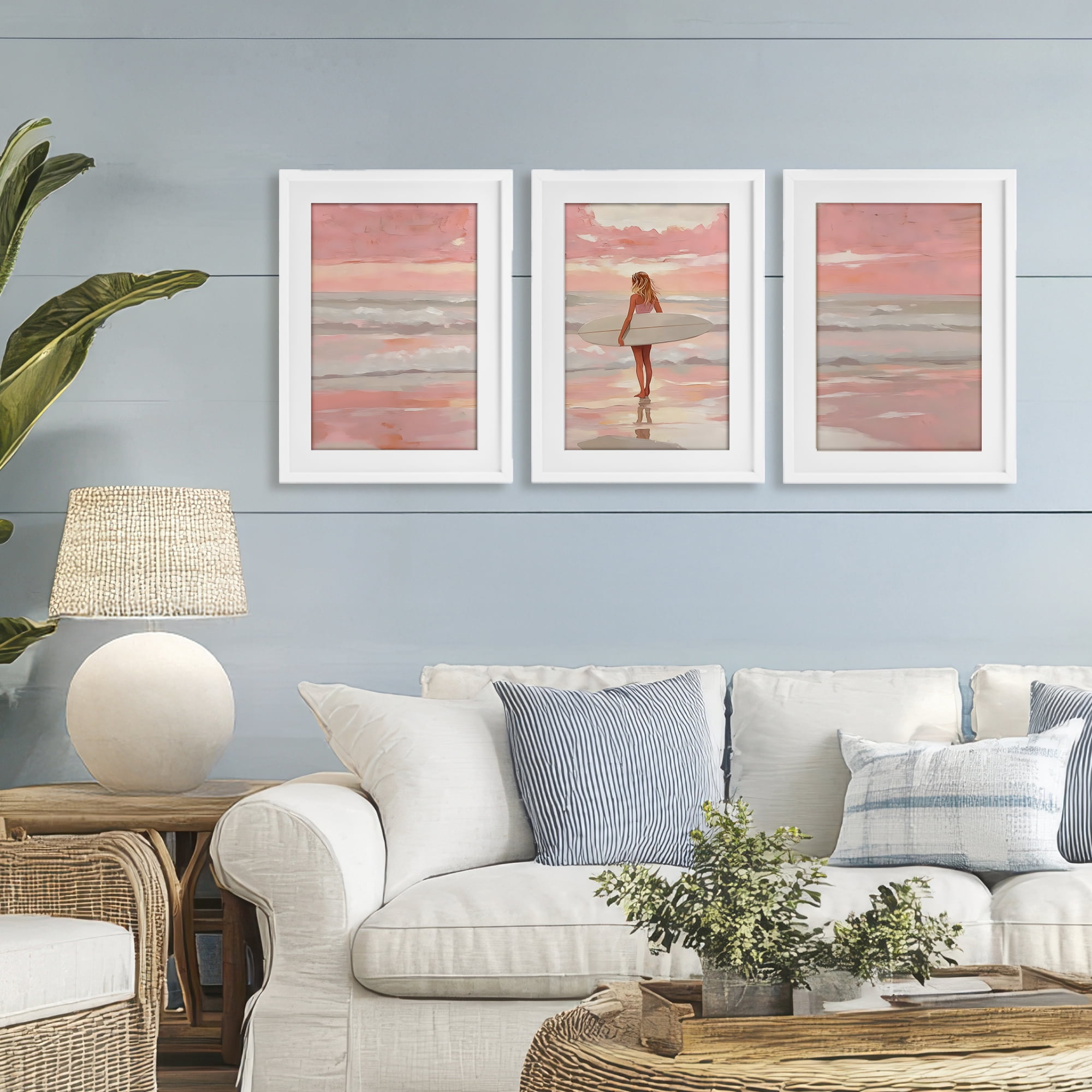Stupell Industries Pink Sky Surfer Sunrise 3 Piece White Framed Print Under Glass Set, design by LSR Design Studio