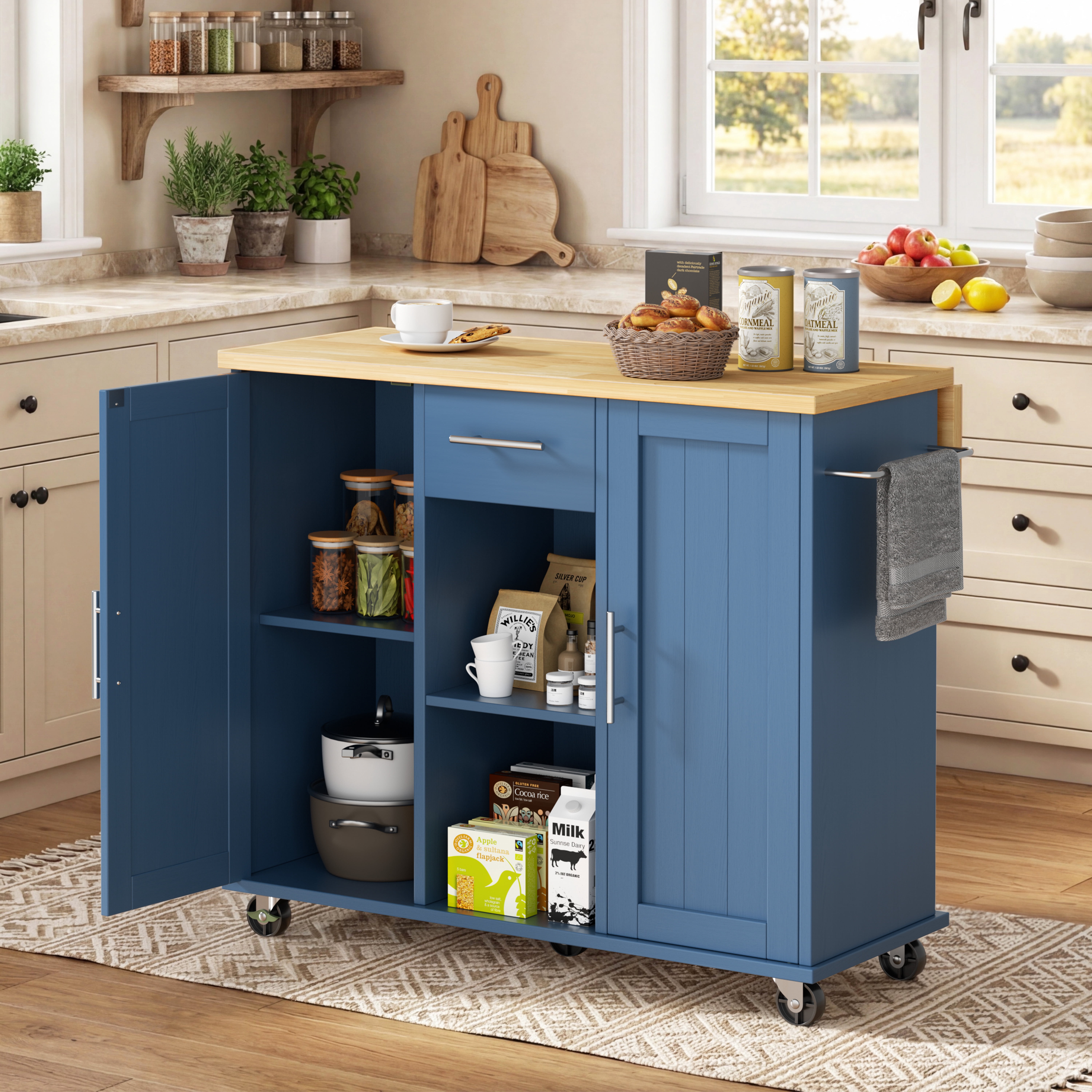 Walsunny Kitchen Islands Carts with Drop Leaf Table 1 Drawer 5 Wheels 2 Magnetic Doors Rolling Storage Cabinet Blue