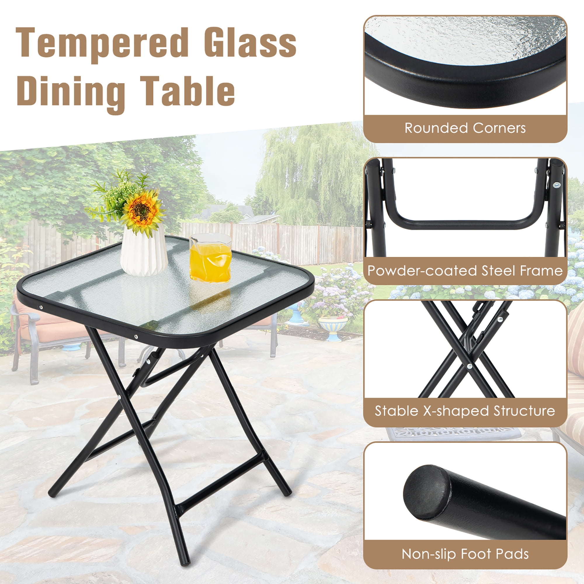 Free Shipping! Costway Black Square Metal Folding Glass Side