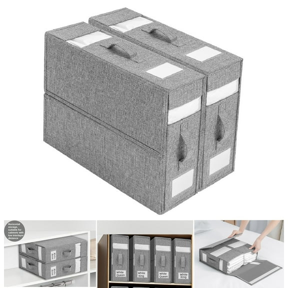 2 Pack Bed Sheet Organizer (Queen or King Size), Linen Foldable Sheet Bedsheet Closet Under Bed Storage Containers with Transparent Window Handles for Bedding Clothes Blankets Towel, Light Gray