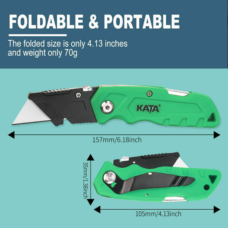 Kata 3-Pack Heavy Duty Box Cutter Folding Utility Knife with Zinc Alloy Body, Quick Change Blades, LOCK-BACK Design, Extra 12pc Blades for Cartons