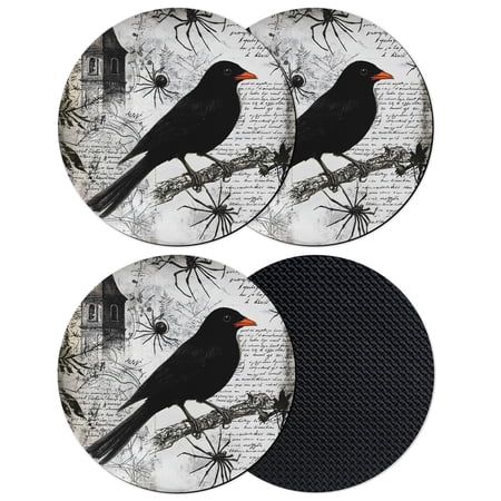 Halloween Coasters Set of 4 Absorbent Coasters for Drinks Black Crow Old Tower Vintage Coaster for Desk Coffee Table Protection Home Decor House Warming Gifts 4