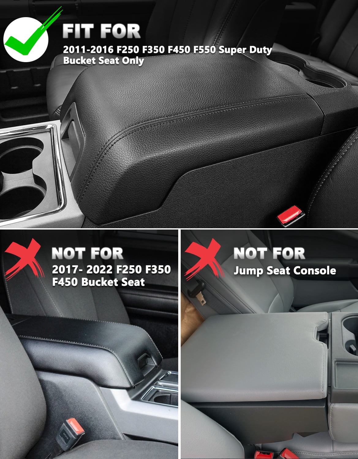 KBH Center Console Armrest Cover Fit for Ford F250 F350 F450 2011-2016 Super Duty Accessories, Leather Comfort Armrest Pad Console Lid Cushion Protector, Black