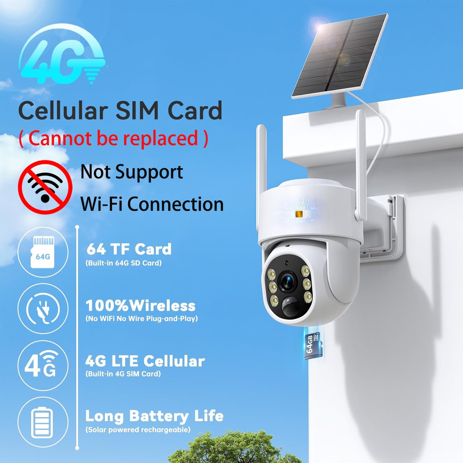 4G LTE Cellular Solar Security Camera, No WiFi Solar Powered Security Camera Outdoor, 360° Live View, 2K Color Night Vision, PIR Motion Detection, 2 Way Talk, Built in SIM Card