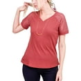 thumbnail image 3 of Deago Women's V Neck Lace Short Sleeve Shirts Tops Waffle Knit Loose Casual Tee Blouse (Brick Red, M), 3 of 9