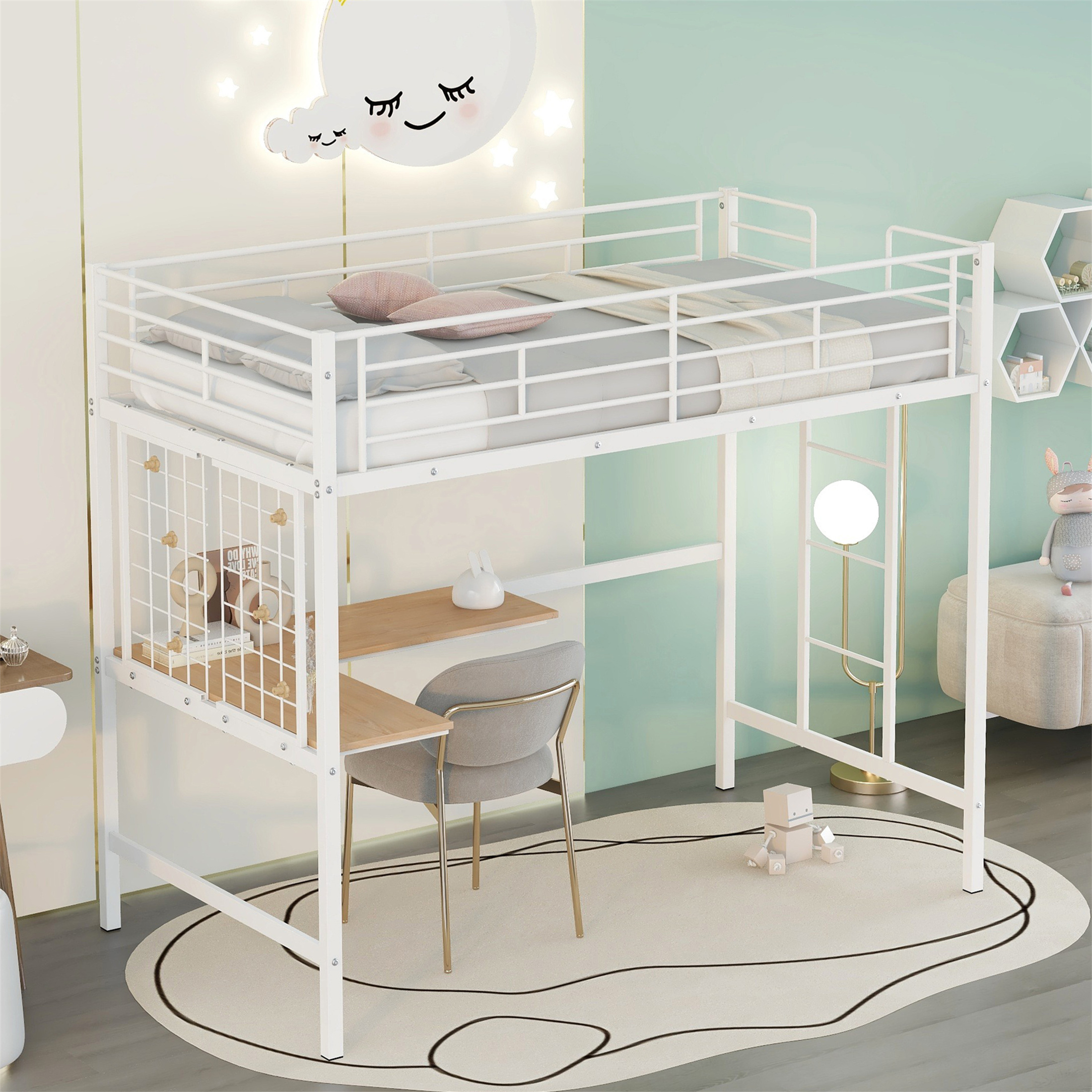 Aukfa Twin Loft Bed with L Shape Desk, Heavy Duty Metal Bed Frame for Kids Teens, White
