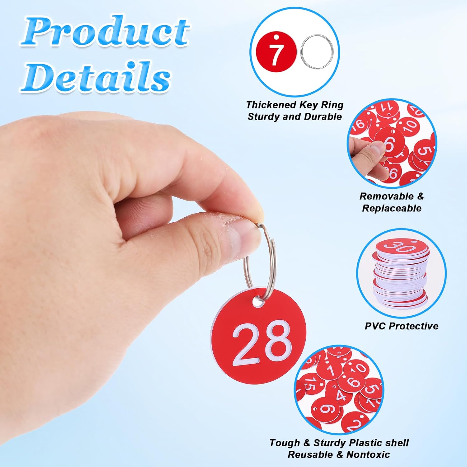 1-30 Plastic Number Tags, 30 Pcs Red Round Number Tags with Metal Rings 35mm Numbered Keychains Item Identifiers for Home Office and Garage Dormitory Keys House Lockers (Red)
