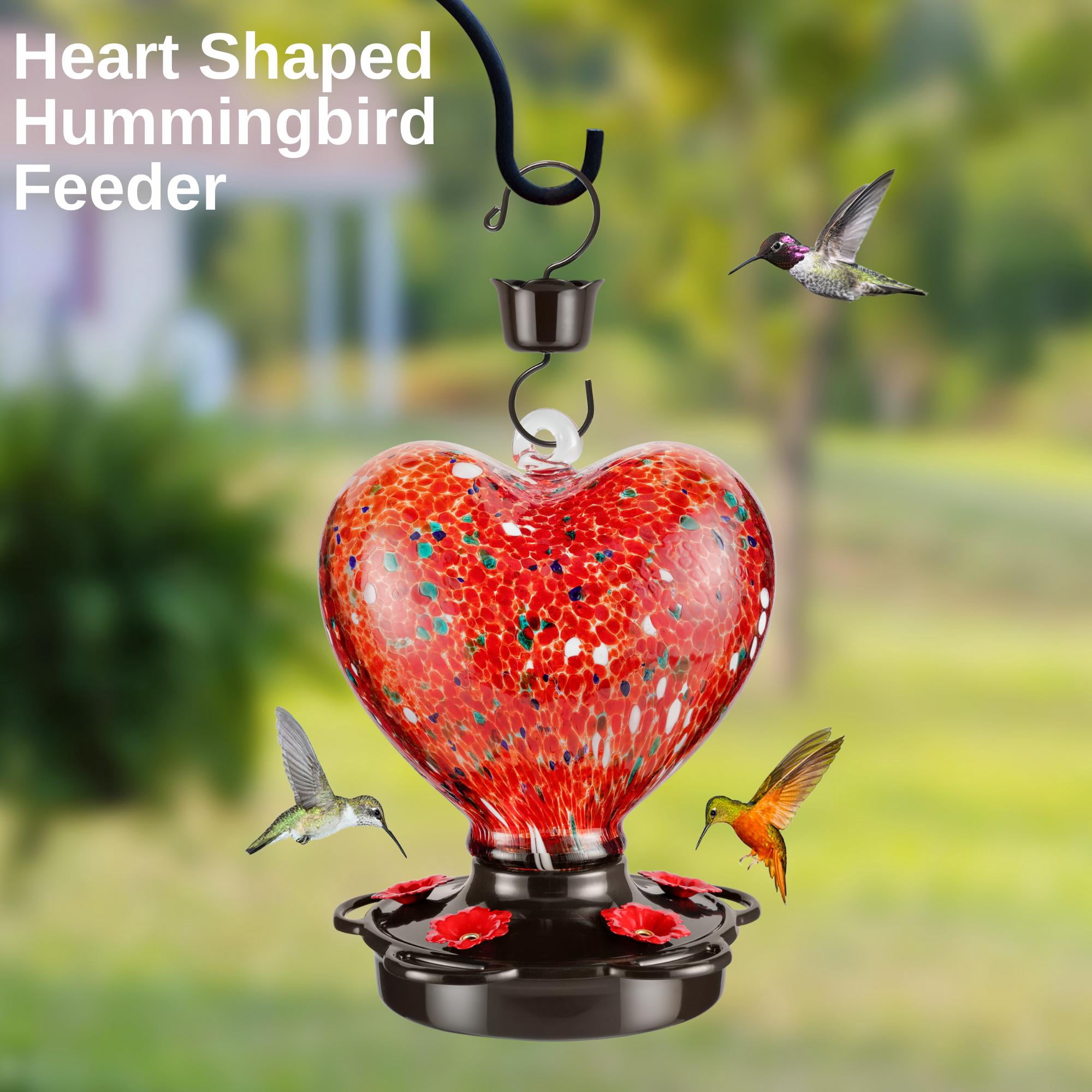 Heart Shaped Hummingbird Feeder for Outdoors Hanging, Hand Blown Glass, 28 oz, Leak Proof & Rustproof, Perfect Gift for Bird Lovers - Red
