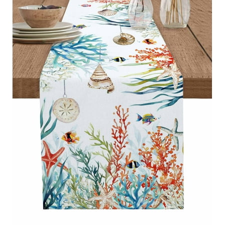 

Table Runner Ocean Coral Coastal Marine Life Seagrass Shell Starfish Fish Table Runners Dresser Scarves Holiday Kitchen Dining Table Decoration for Home Party Indoor 13x72 Inch