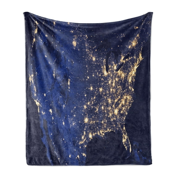 Night Soft Flannel Fleece Blanket, Continent America by Night As Seen from Outer Space Vibrant View Planet Earth, Cozy Plush for Indoor and Outdoor Use, 70" x 90", Mustard Navy Blue, by Ambesonne