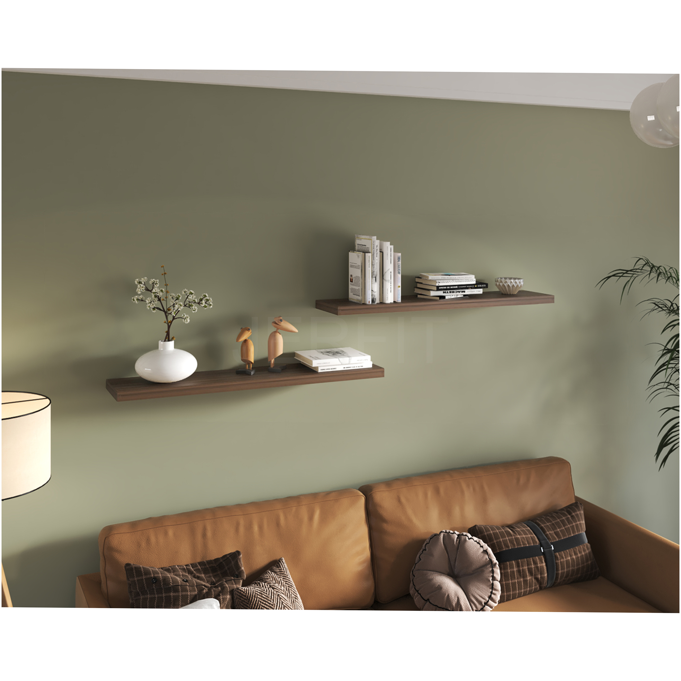 JERFIT 47 Inch Floating Shelves Set of 2, Light Brown Wall Shelves for Bathroom, Bedroom & Living Room, Easy Mount Decor Storage Shelves