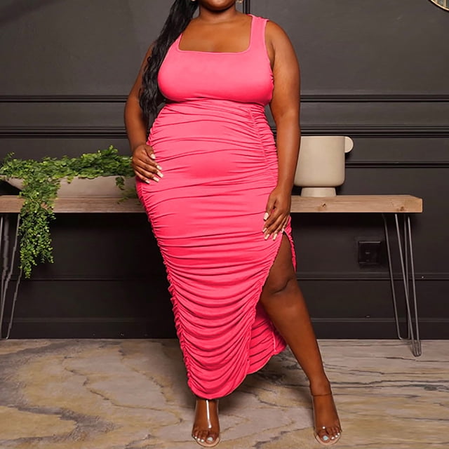 HKEJIAOI Robes Décontractées pour Femmes Cadeau d'Anniversaire Mode Été Grande Taille Couleur Unie Col en U Sans Manches Robe Plissée Extensible Fendue Économies Liquidation Rose Vif