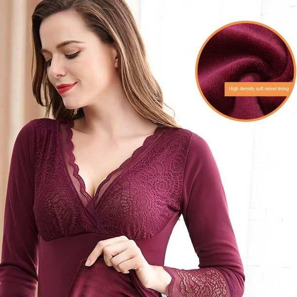 Women Thermal Underwear Long Sleeve Velvet Lined Pullover Autumn Home  Outdoor Basic Layer Warm Slim Body Tops for Ladies Dark Red XXL
