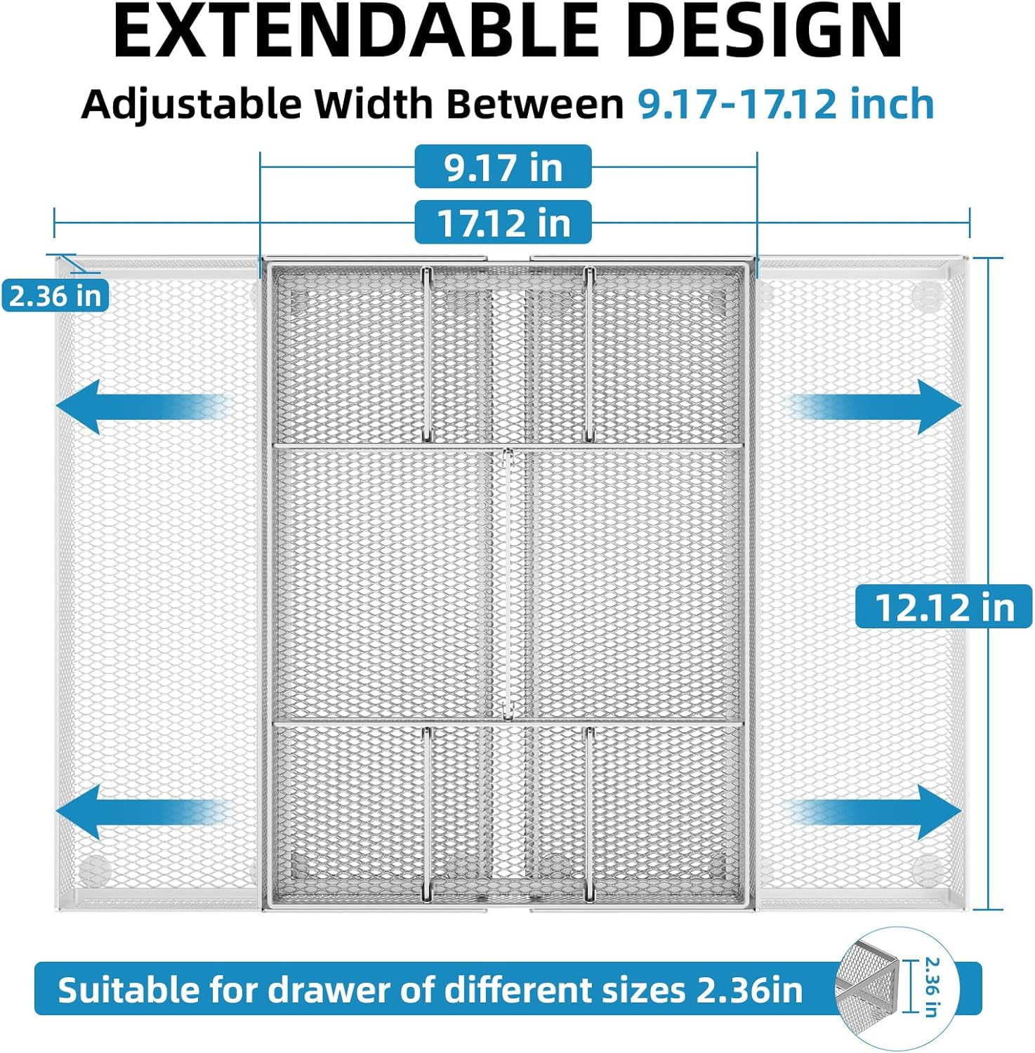 Expandable Desk Drawer Organizer, Mesh Tray with 10 Adjustable Compartments, Desk Organizers for Office Supplies, Makeup & Vanity (Expandable-Silver 2pack)