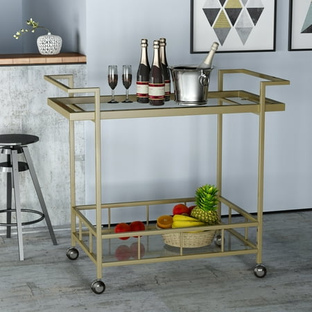 - Noble House Angela Indoor Industrial Iron and Glass Bar Cart, Gold