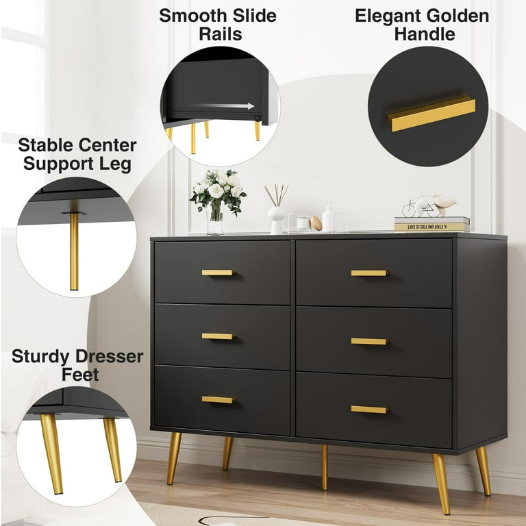 6 Drawer Modern Dresser with Gold Handles, Wooden Chest of Drawers with Deep Storage, Stylish Bedroom, Living Room, or Entryway Storage Cabinet - Walmart.com 6 Drawer Modern Dresser with Gold Handles, Wooden Chest of Drawers with Deep Storage, Stylish Bedroom, Living Room, or Entryway Storage Cabinet - Walmart.com