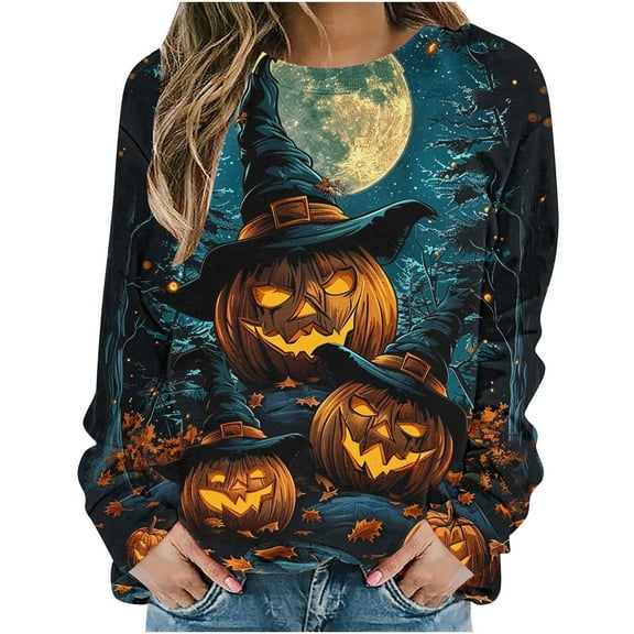 Uootdi Women's Halloween Pumpkin Graphic Sweatshirt - Glowing Witch Hat Jack Lanterns，Crewneck Long Sleeve,Trendy Fall Outfit,Party Wear Essential Dark Blue Women Tops