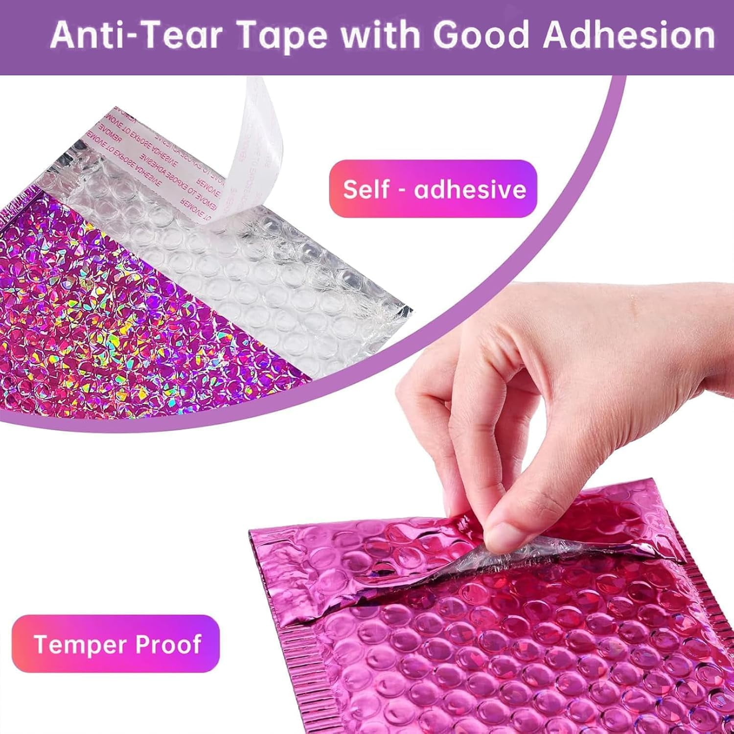 50Pcs Metallic Bubble Mailers,Waterproof Self Seal Adhesive Cushion Envelopes,Foil Glitter Shipping Mailer,Holographic Bubble Mailer for Mailing Packing Small Business,Thicken,3 Sizes,Rose Red