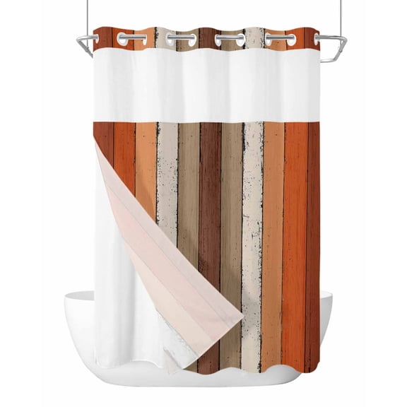 No Hook Shower Curtain with Snap-in Liner, Burnt Orange Waterproof Fabric Bathroom Curtains, Farmhouse Wood Grain Brown Vertical Striped Bath Curtains & Mesh Top Window 60"x72"