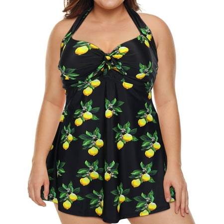 HDE Lemon Women's One Piece Swimdress Plus Size Tummy Control Boy Short Swimsuit