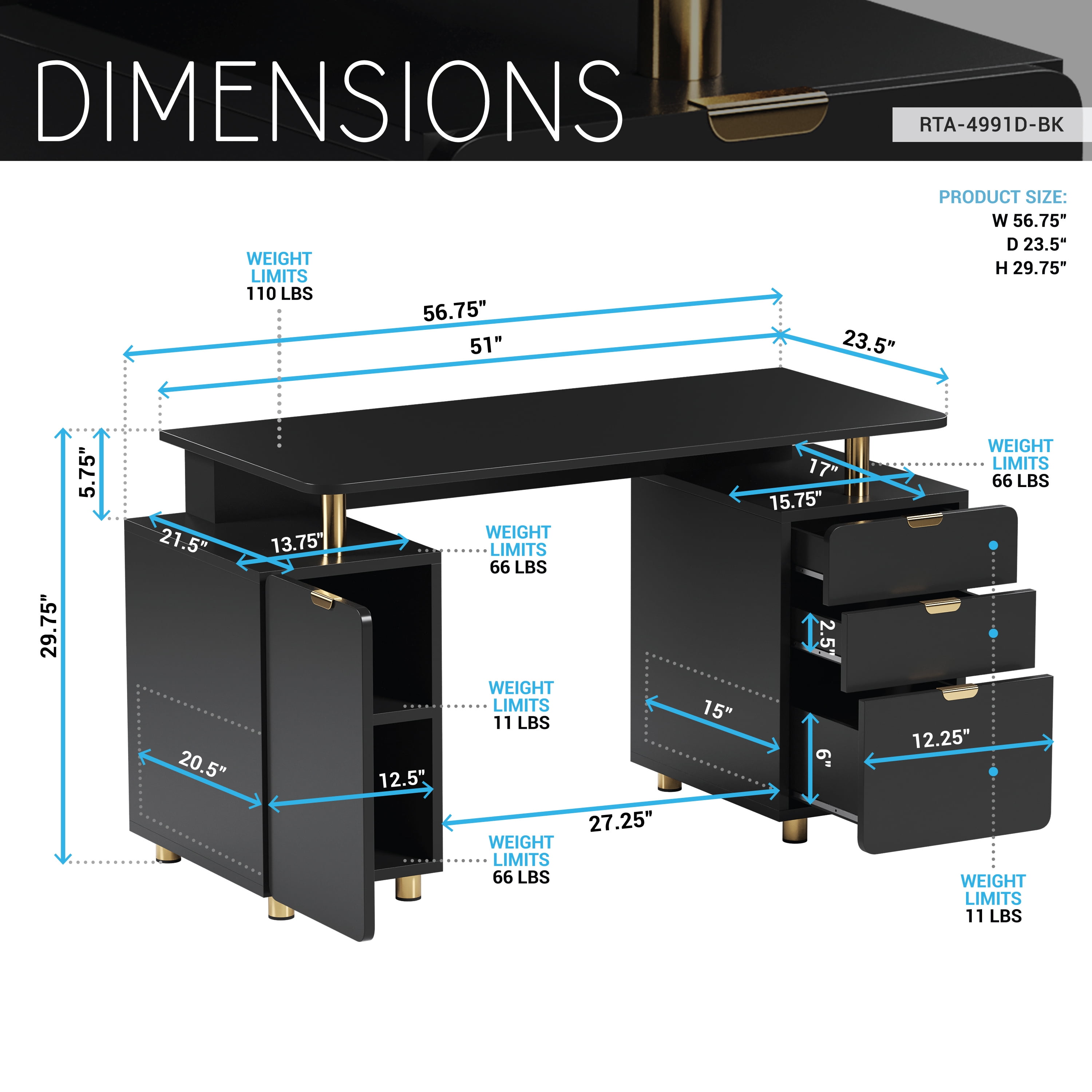 56.75" W Elegant Executive Desk with 3 Drawers and Storage Cabinet, Modern Office Desk with Gold Accents, Floating Work Surface, Closed Storage with Ventilation & Adjustable Shelf, Black & Gold