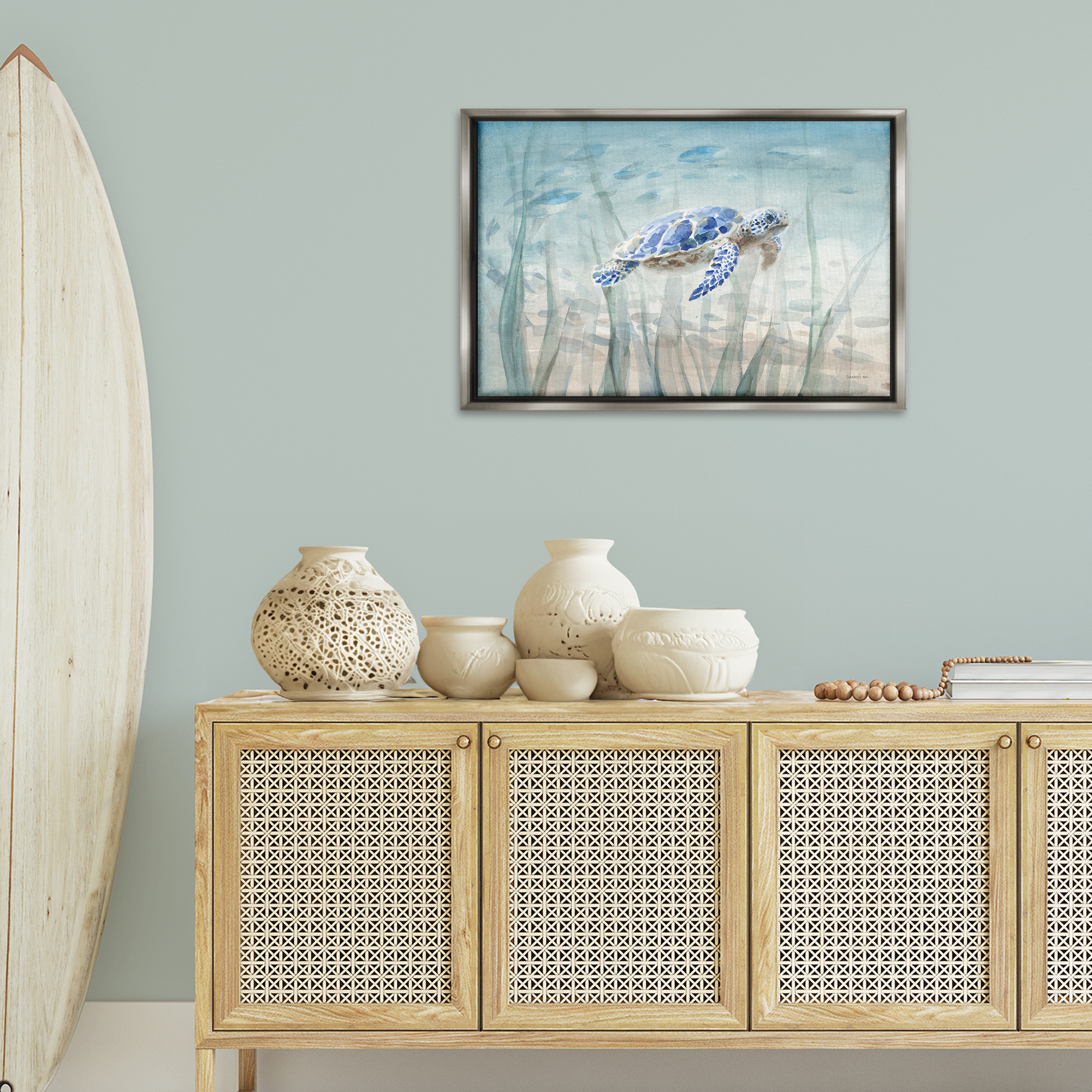 Stupell Industries Undersea Turtle Swim Animals Painting Gray Floater Framed Canvas Art Print Wall Art, 31 x 21