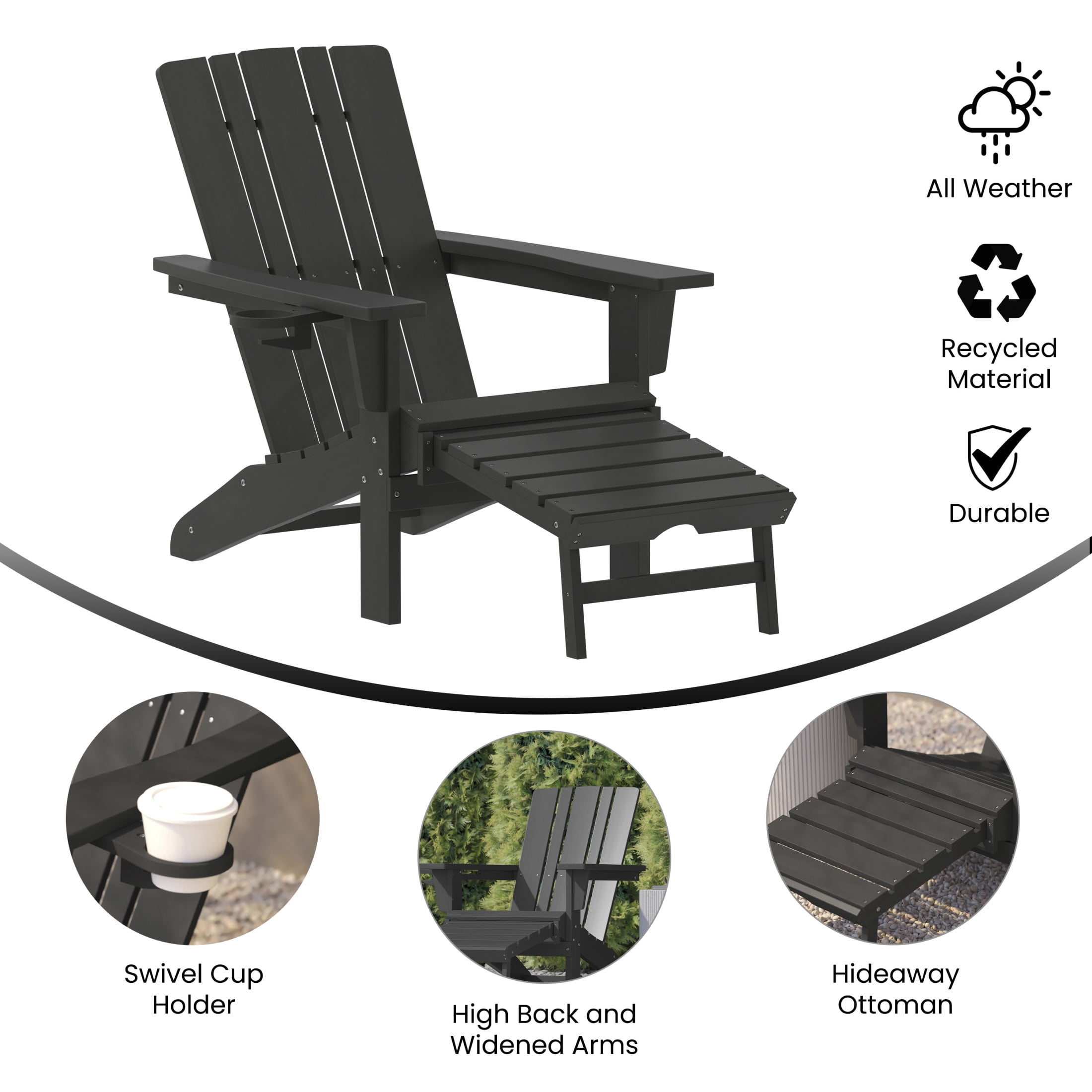 Flash Furniture Halifax HDPE Adirondack Chair with Cup Holder and Pull Out Ottoman, All-Weather HDPE Indoor/Outdoor Lounge Chair in Black, Set of 2