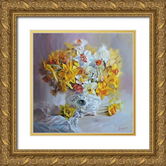 Rogozina, Svetlana 26x26 Gold Ornate Wood Framed with Double Matting Museum Art Print Titled - Daffodils in White Vase