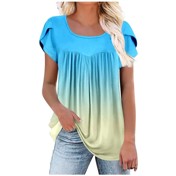 Women's Tops Square Neck Flowy Pleated Short Petal Sleeve Shirts Gradient Summer Casual Loose Comfortable Tee (XL, Sky Blue)