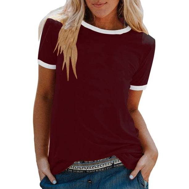 Top de manga corta con cuello redondo y ribete blanco de verano para mujer - Suéter holgado, poliéster/spandex, informal - Tallas S-XXXXXL