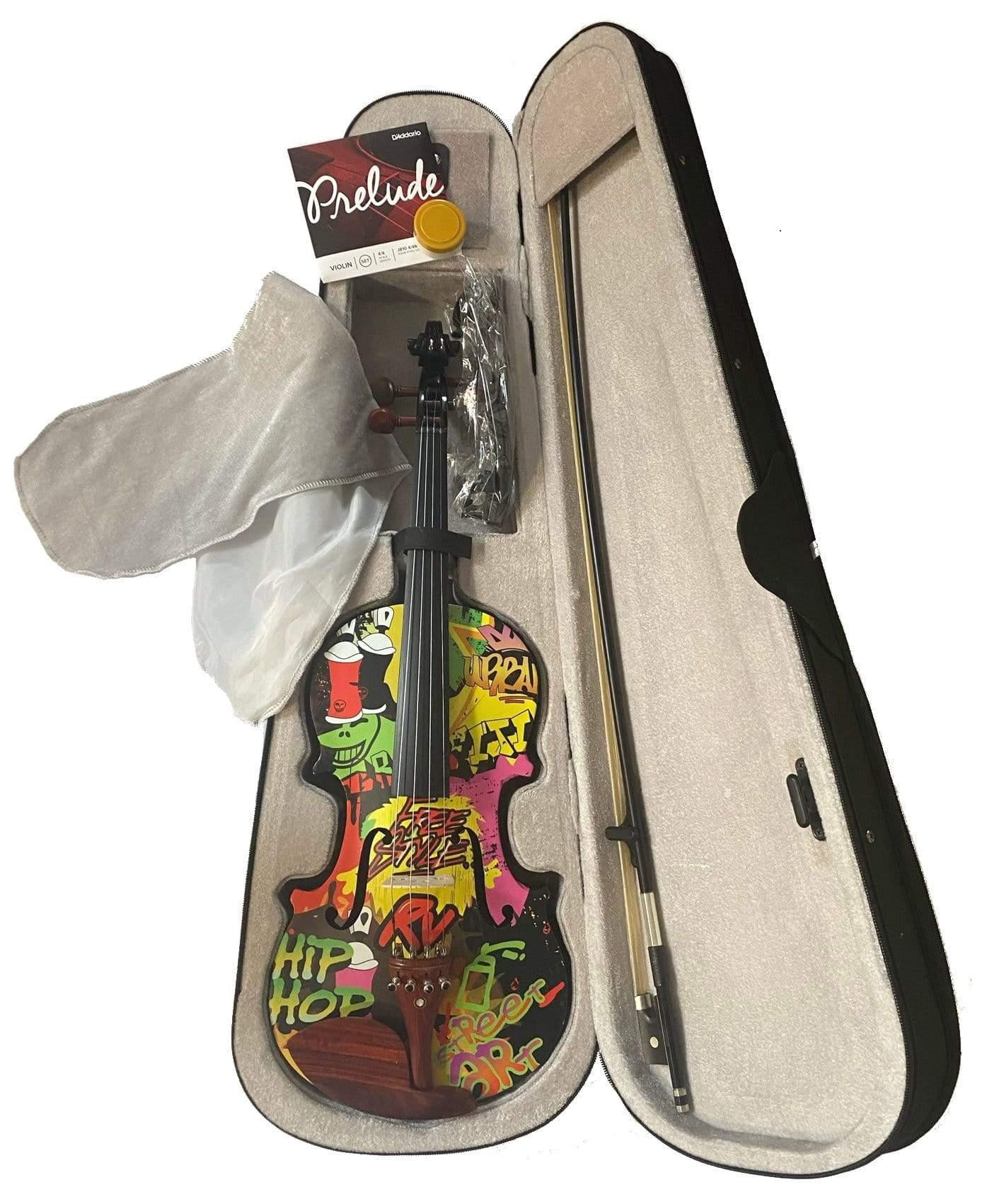 Rozanna's Graffiti Art Violin Outfit w Carbon Fiber Bow Case Crystal Fine Tuners Rosin Strings