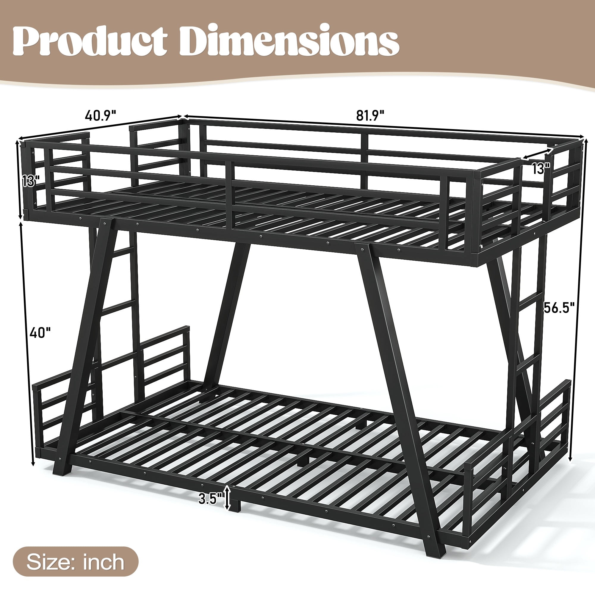 Aukfa Twin XL over Twin XL Metal Bunk Bed with Heavy Duty A-Frame Support Design, 2 Side Ladders, Low Profile, Black