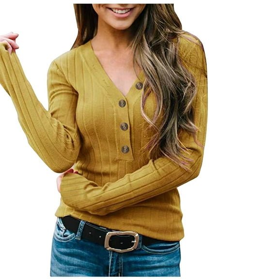 Women's Knitted Sweater V Neck Button Up Long Sleeve Fall Shirts Casual Slim Fit Pullover Knit Tunic Jumper Tops