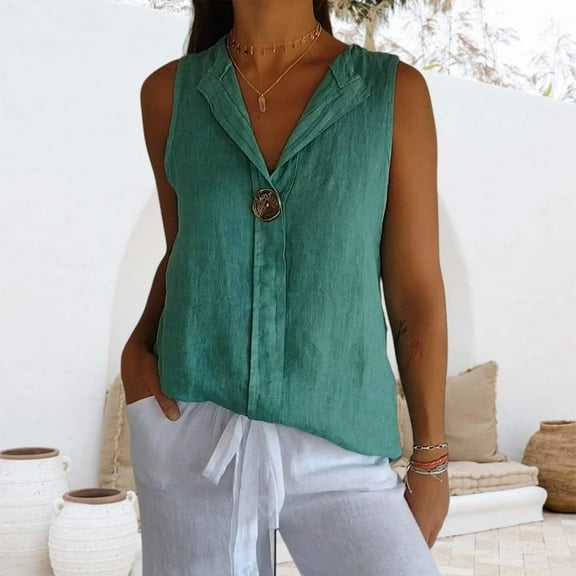 nochalofo Green V-Neck Casual Womens Tops, Linen Shirts Sleeveless Tank Top Summer Loose Collared Shirt Casual Work Blouse Lightweight Tops