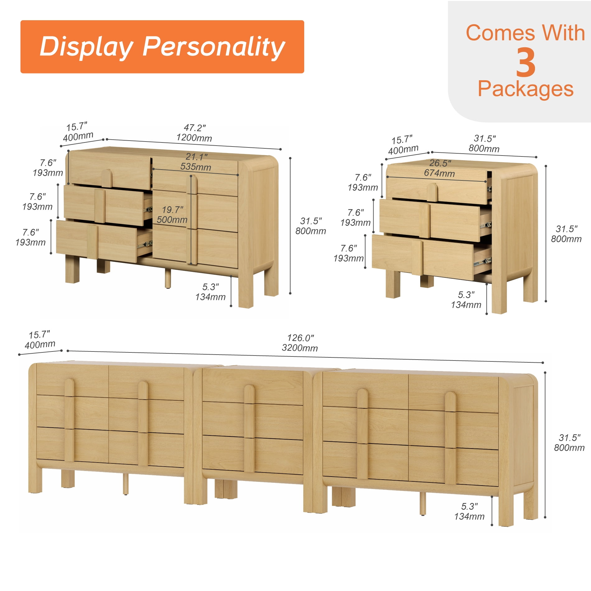 Modern Dresser TV Stand for TVs up to 120 inch, 3-in-1 Wood Media Console Table with 15 Drawers, Mid Century Entertainment Center with Storage for Living Room Bedroom