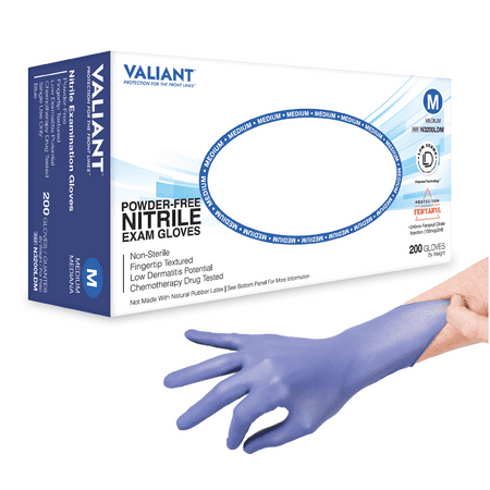 Valiant N3200LD Nitrile Exam Gloves, Single Use Only, Fingertip Textured and Accelerator Free, Berry Blue, Medium, 200 Per Box, 10 Boxes