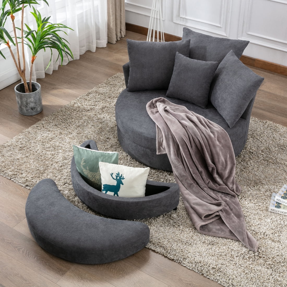 Swivel Accent Barrel Sofa Chair with Half Moon Storage Ottoman