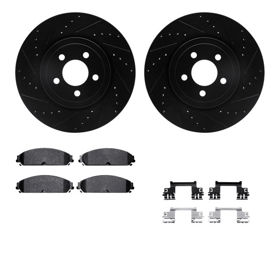 Dynamic Friction Company Front Brake Rotors-Drilled and Slotted-Black with 5000 Advanced Brake Pads includes Hardware 8512-39007