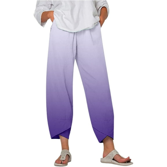 Fiaer,Womens Plus Size Capri Palazzo Trouser for Vacation Beach Daily,Women's Loose Fit Printed Trendy Pants,Ladies Stretch High Waist Running Hiking Joggers with Pockets Purple XL