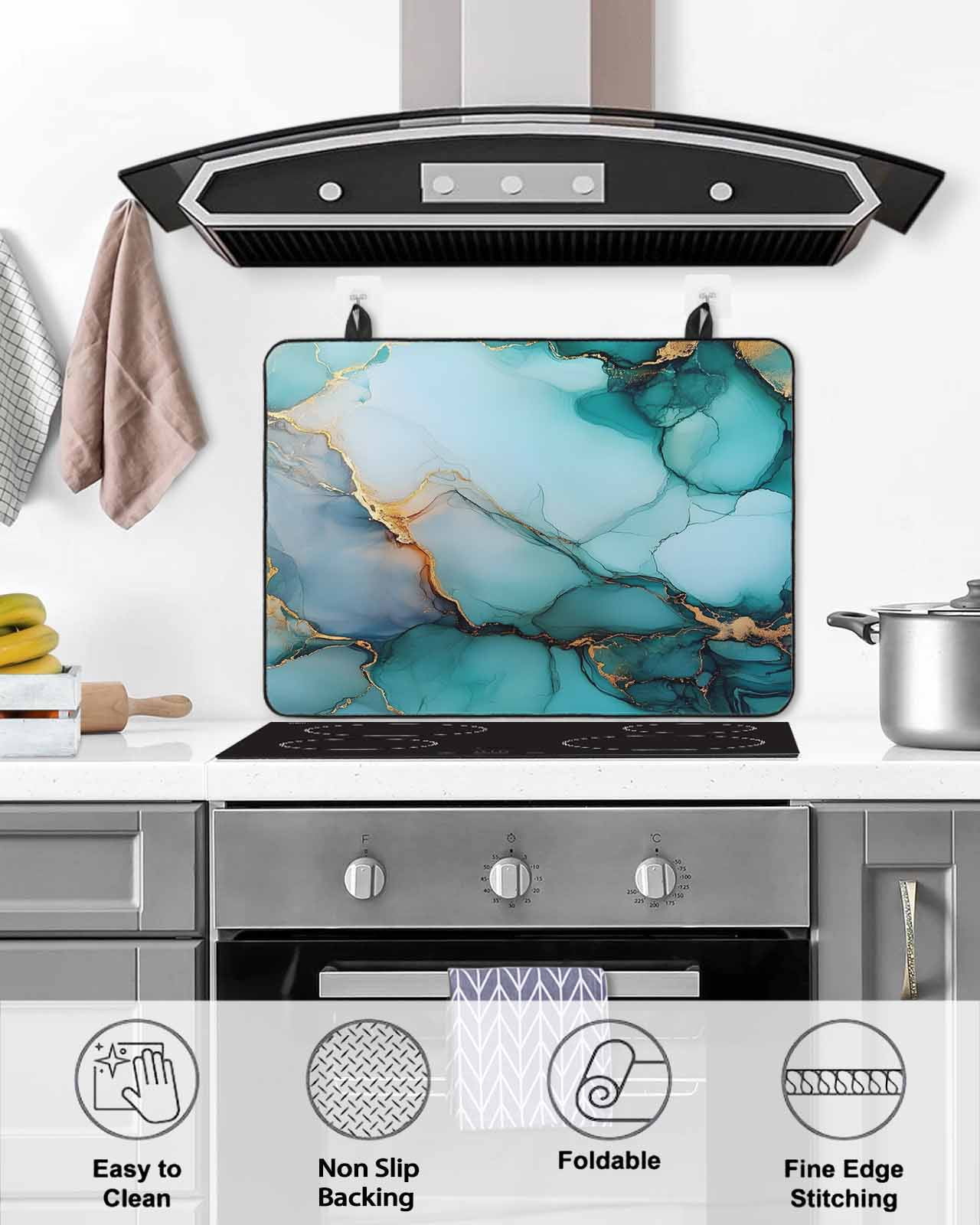 nqOlkjepod Large Induction Cooktop Protector Mat 24"x21", Marble Turquoise Gold Stove Top Covers for Electric Stove, Abstract Simple Geometric Stove Burner Cover Mats, Glass Top Stove Cover