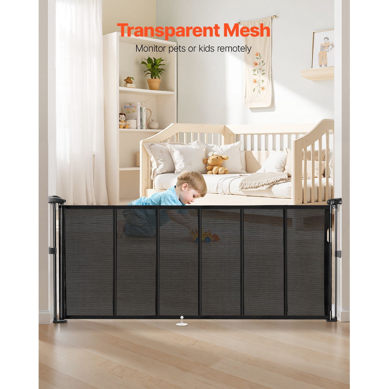 Retractable Baby Gate 31" Tall x 71" Wide, Black Mesh, Anti-Crawl Bottom Strip, One-Hand Operation, for Indoor Stairs Doorways