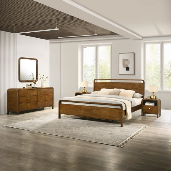Roundhill Furniture Eldren Wood Bedroom Set, King Platform Bed with Dresser, Mirror, and Two Nightstands in Walnut Finish
