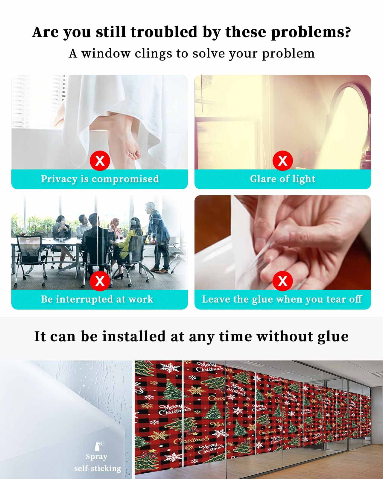 Christmas Window Privacy Film Stained Glass Window Film Decorative Windows Cover Static Windows Cling for Glass Door Pine Tree Gold White Snowflake Red Black Plaid Stickers for Bathroom 23.6"x59"