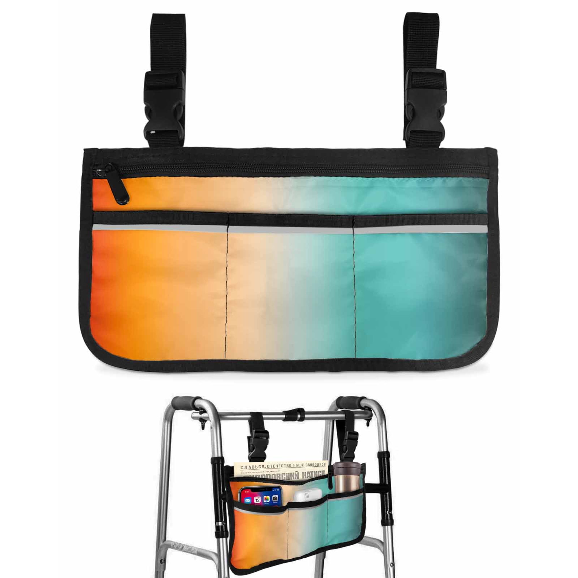 Orange Turquoise Gradual Wheelchair Side Bag with Cup Holder, Abstract Modern Wheelchair Armrest Bag Storage Pouch Adults, Seniors for Walkers, Rollator, Scooter